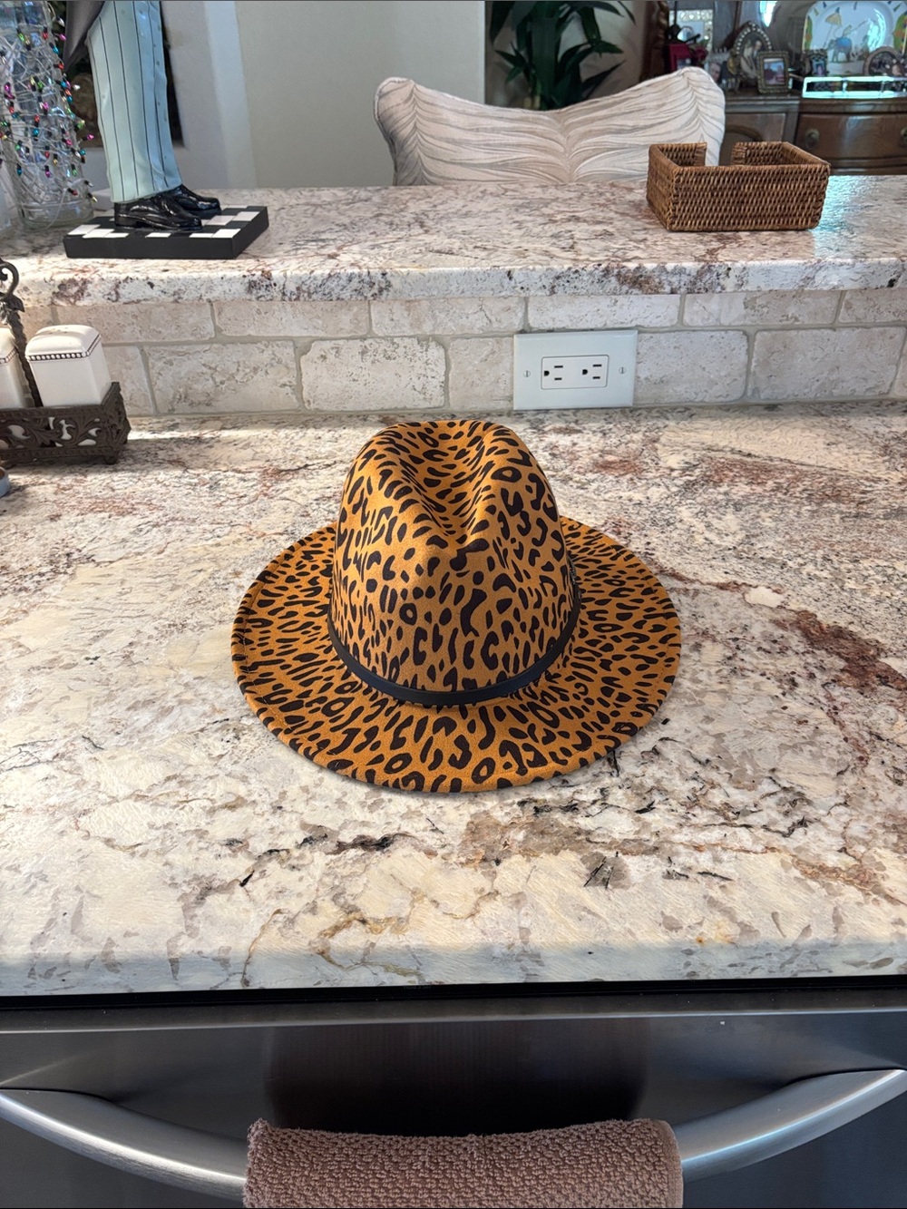 Source Unknown Leopard Print Wide Brim Fedora Hat - Tan and Black